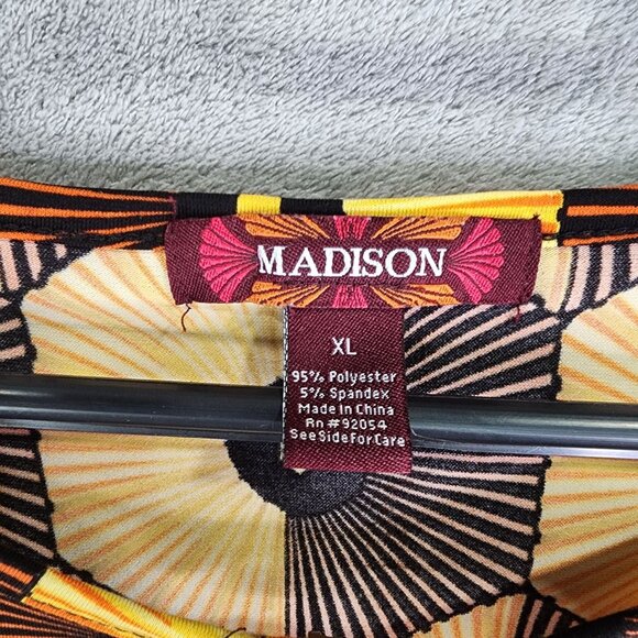 Womens Yellow Black Madison Geometric Patterned Top Puff Sleeve Keyhole Neck XL - Picture 3 of 8